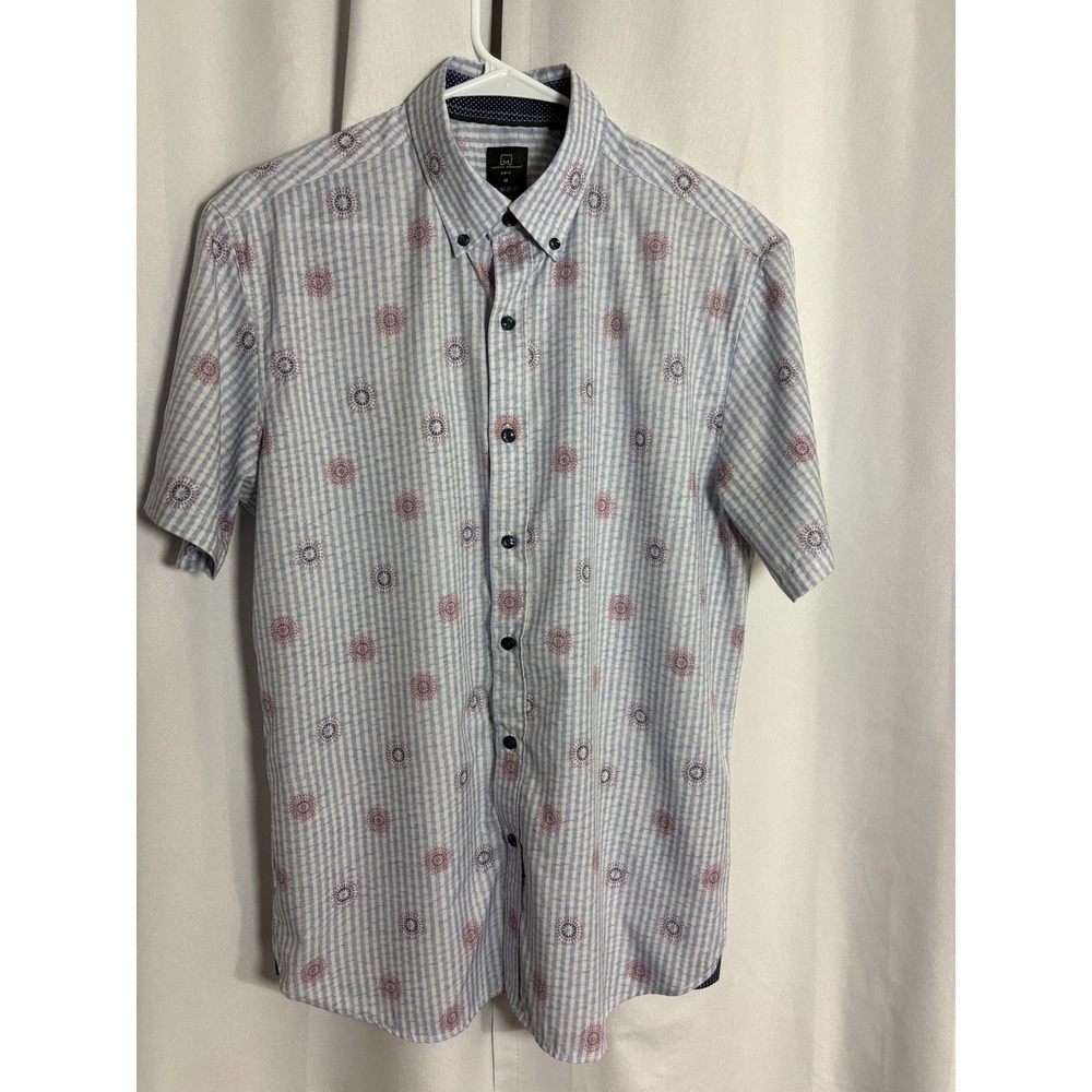Michael Strahan Mens Slim Fit Short Sleeve Button Down Shirt Blue Medallion